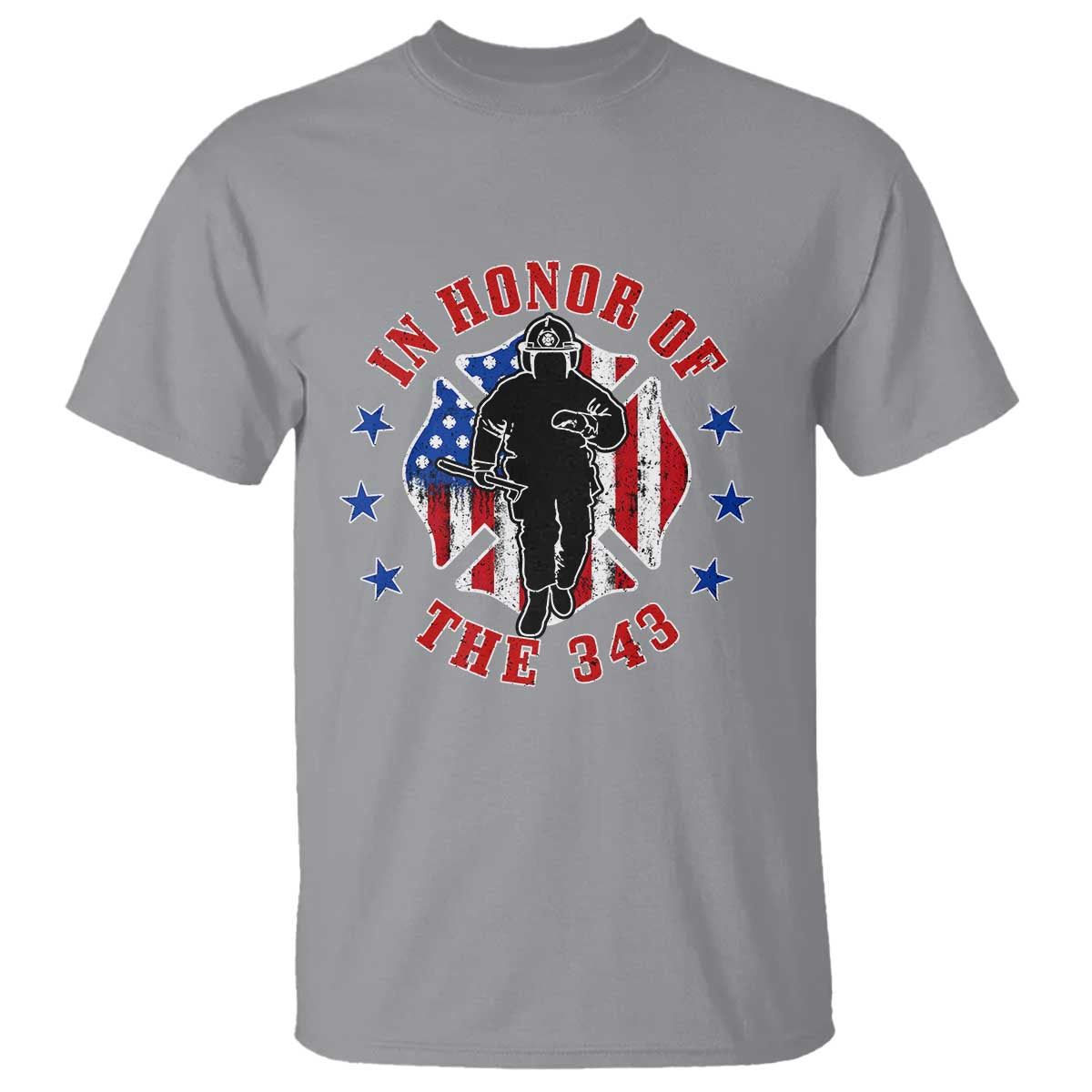 Firefighter Memorial In Honor Of The 343 Maltese Cross Graphic T Shirt Patriotic 9 11 Memorial Tribute TS02 Sport Gray Print Your Wear
