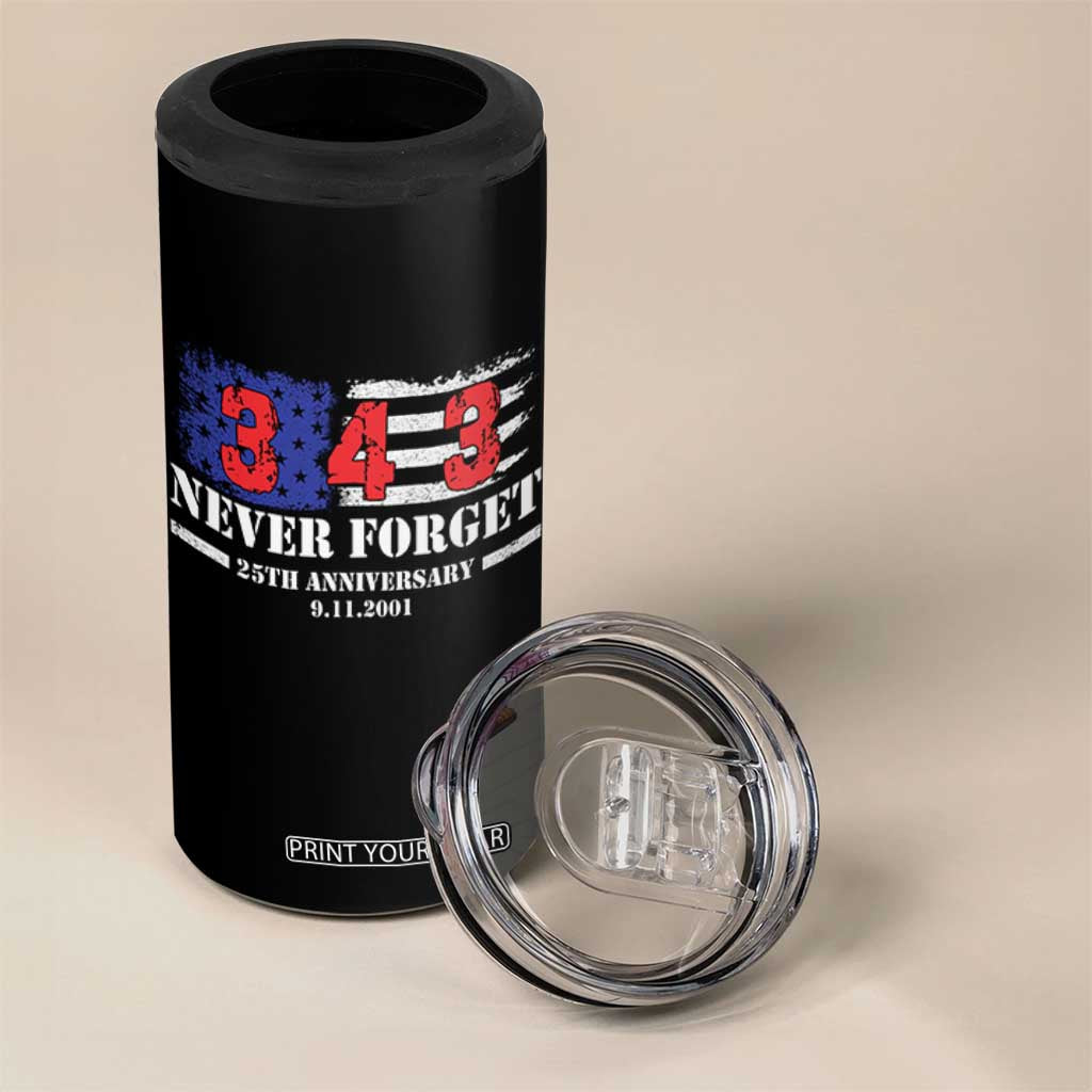 Firefighter Memorial 343 Never Forget American Flag 4 in 1 Can Cooler Tumbler 25th Anniversary Patriotic Honor 9 11 Tribute