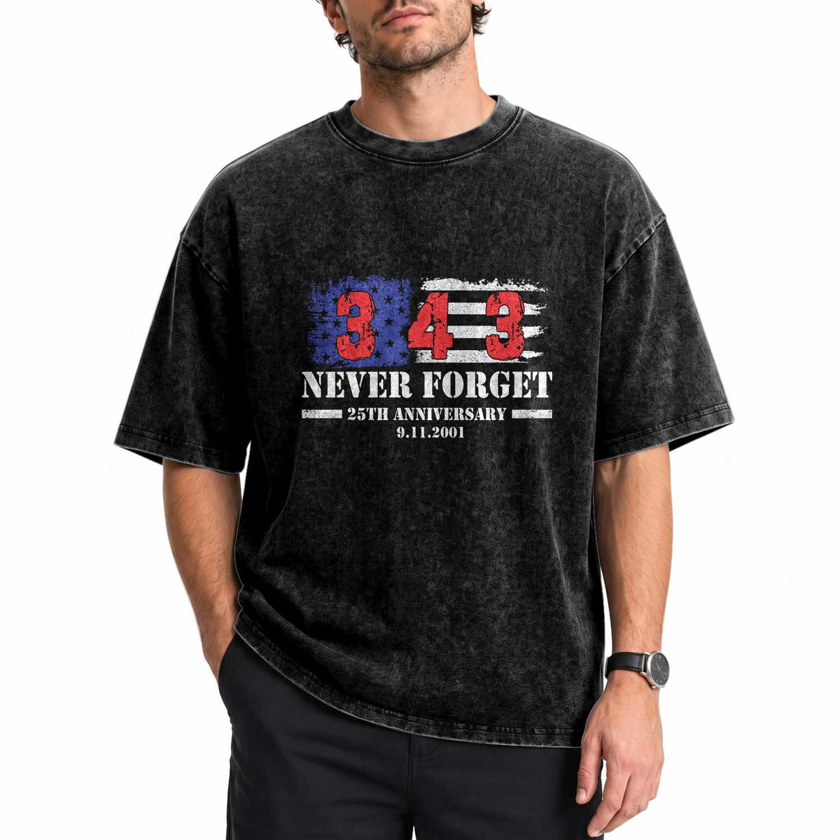 Firefighter Memorial 343 Never Forget American Flag Washed Cotton T-Shirt 25th Anniversary Patriotic Honor 9 11 Tribute