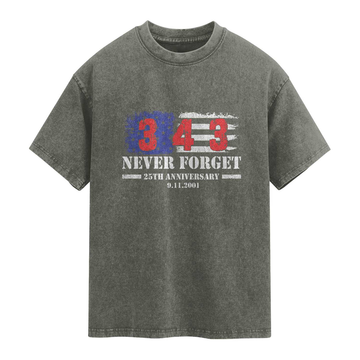 Firefighter Memorial 343 Never Forget American Flag Washed Cotton T-Shirt 25th Anniversary Patriotic Honor 9 11 Tribute