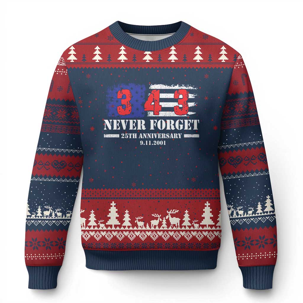 Firefighter Memorial 343 Never Forget American Flag Ugly Christmas Sweater 25th Anniversary Patriotic Honor 9 11 Tribute TS02 Navy Red Print Your Wear