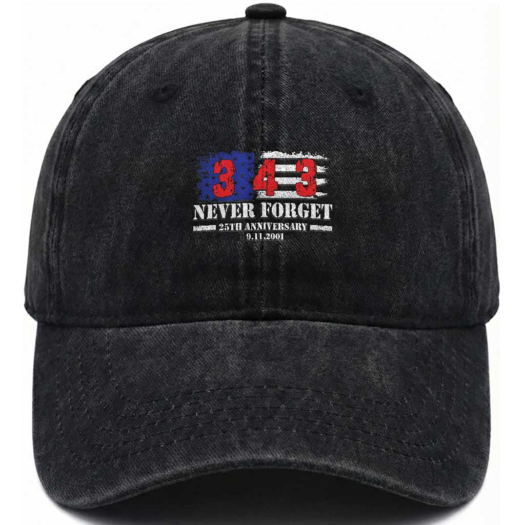 Firefighter Memorial 343 Never Forget American Flag Washed Cotton Baseball Cap 25th Anniversary Patriotic Honor 9 11 Tribute TS02 Print Your Wear