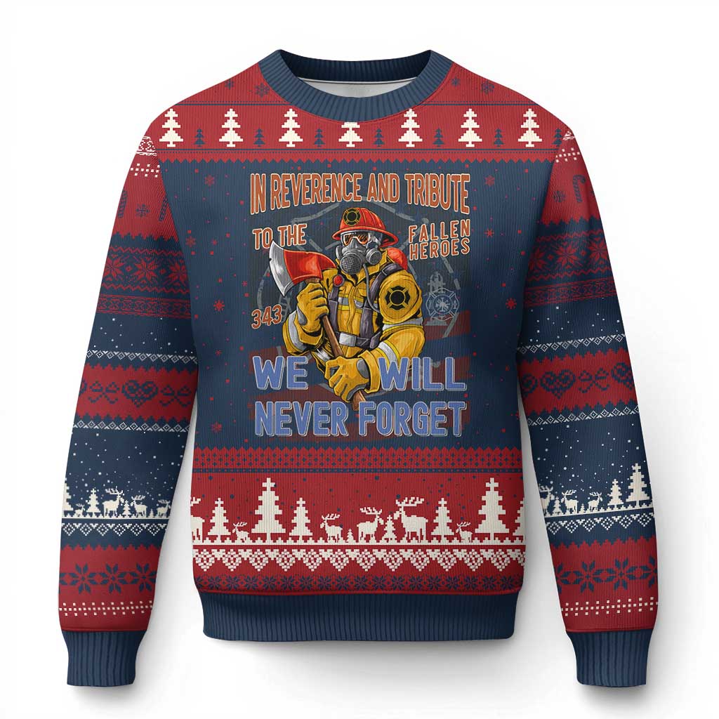 Firefighter Memorial In Reverence And Tribute Fallen Heroes 343 Ugly Christmas Sweater We Will Never Forget Honor 9 11 TS02 Navy Red Print Your Wear