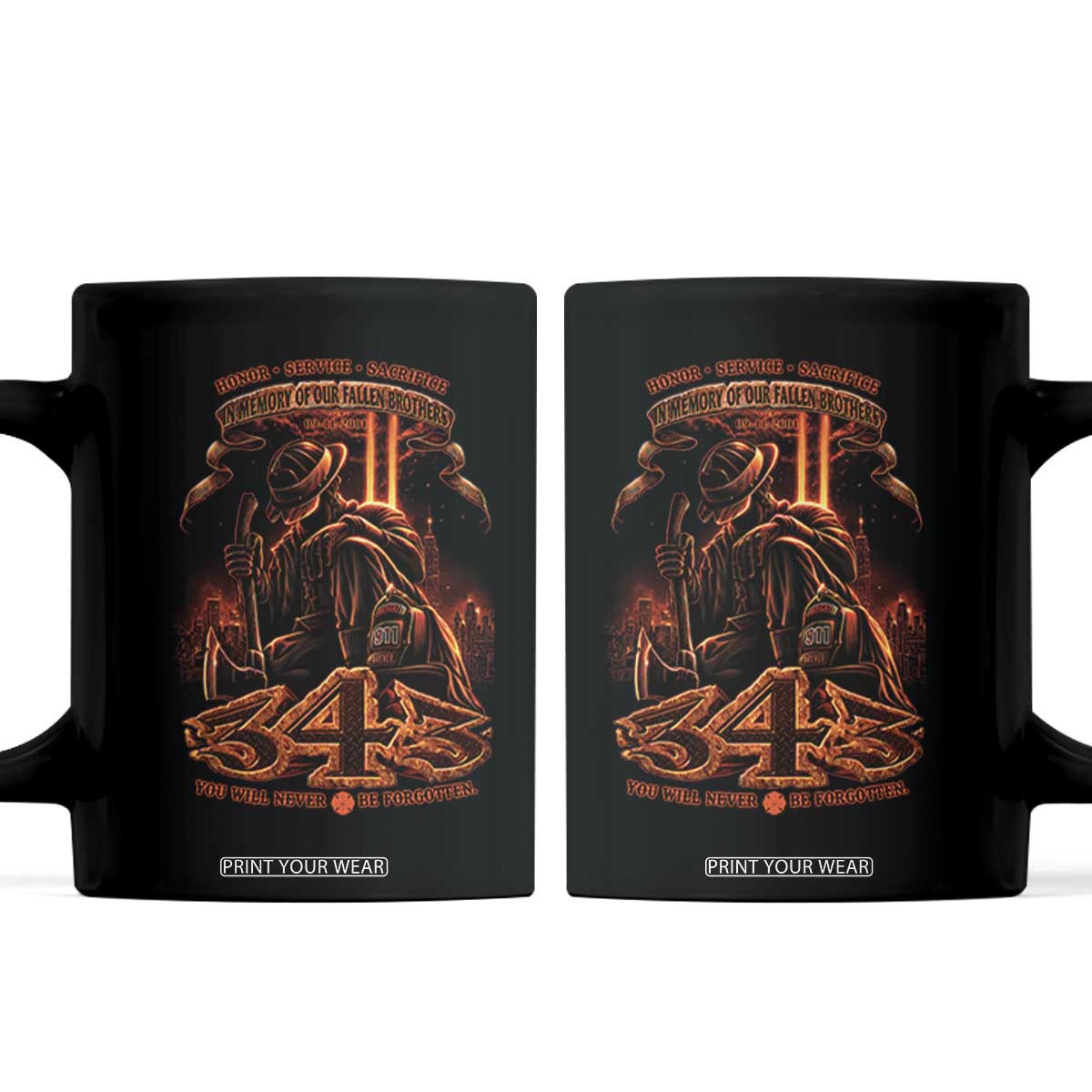 Firefighter Memorial Honor Service Sacrifice 343 Coffee Mug In Memory Of Fallen Brothers Patriotic 9 11 Tribute TS02 Black Print Your Wear