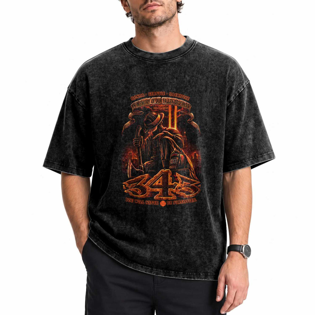 Firefighter Memorial Honor Service Sacrifice 343 Washed Cotton T-Shirt In Memory Of Fallen Brothers Patriotic 9 11 Tribute