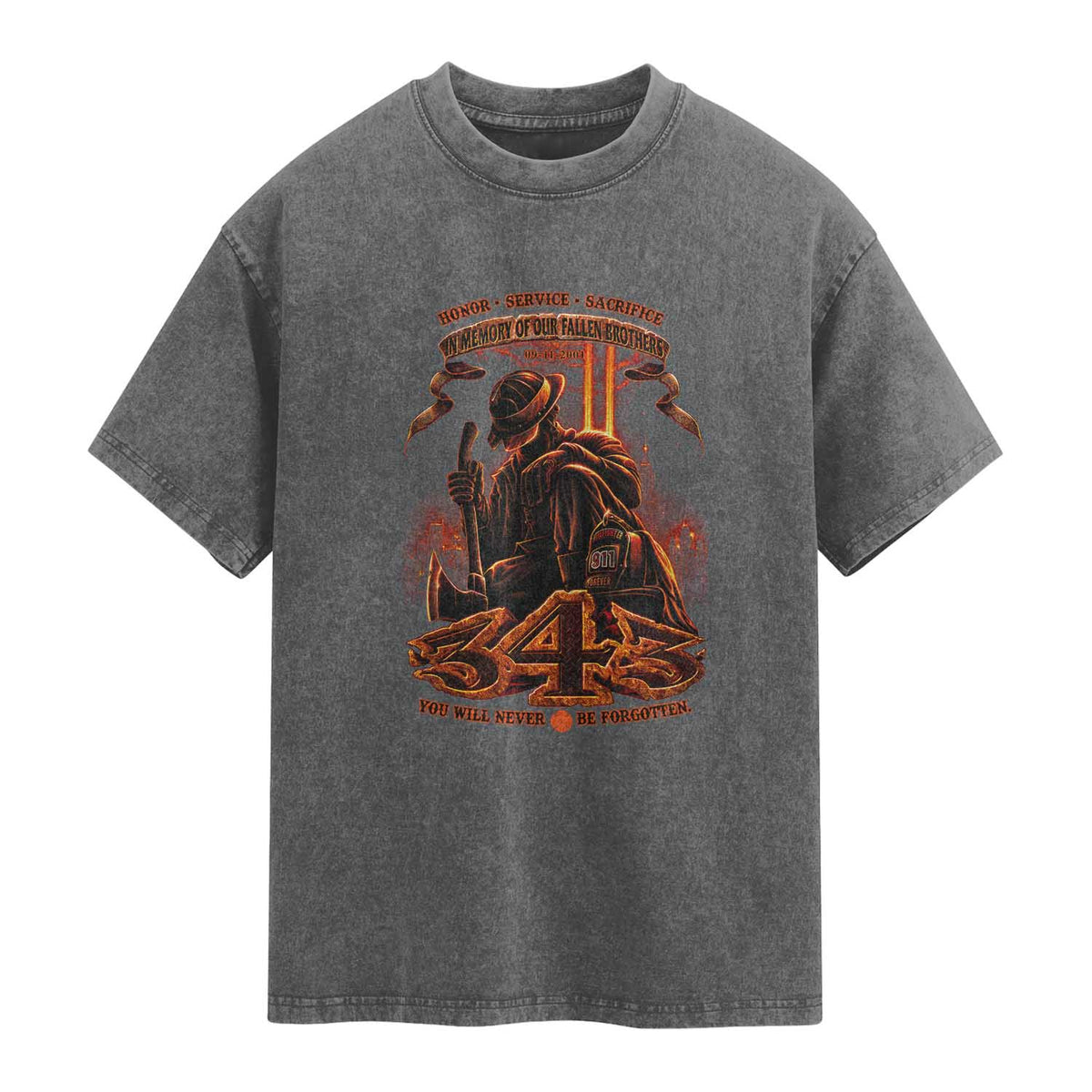 Firefighter Memorial Honor Service Sacrifice 343 Washed Cotton T-Shirt In Memory Of Fallen Brothers Patriotic 9 11 Tribute