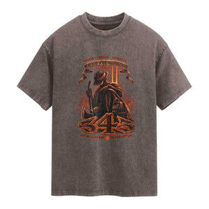 Firefighter Memorial Honor Service Sacrifice 343 Washed Cotton T-Shirt In Memory Of Fallen Brothers Patriotic 9 11 Tribute