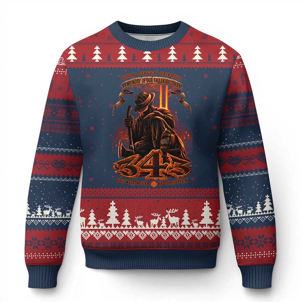 Firefighter Memorial Honor Service Sacrifice 343 Ugly Christmas Sweater In Memory Of Fallen Brothers Patriotic 9 11 Tribute TS02 Navy Red Print Your Wear