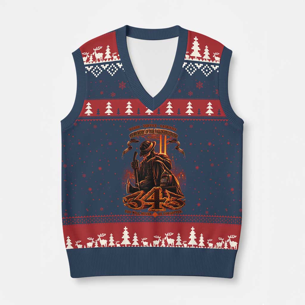 Firefighter Memorial Honor Service Sacrifice 343 V-Neck Knit Sweater Vest In Memory Of Fallen Brothers Patriotic 9 11 Tribute TS02 Navy Red Print Your Wear