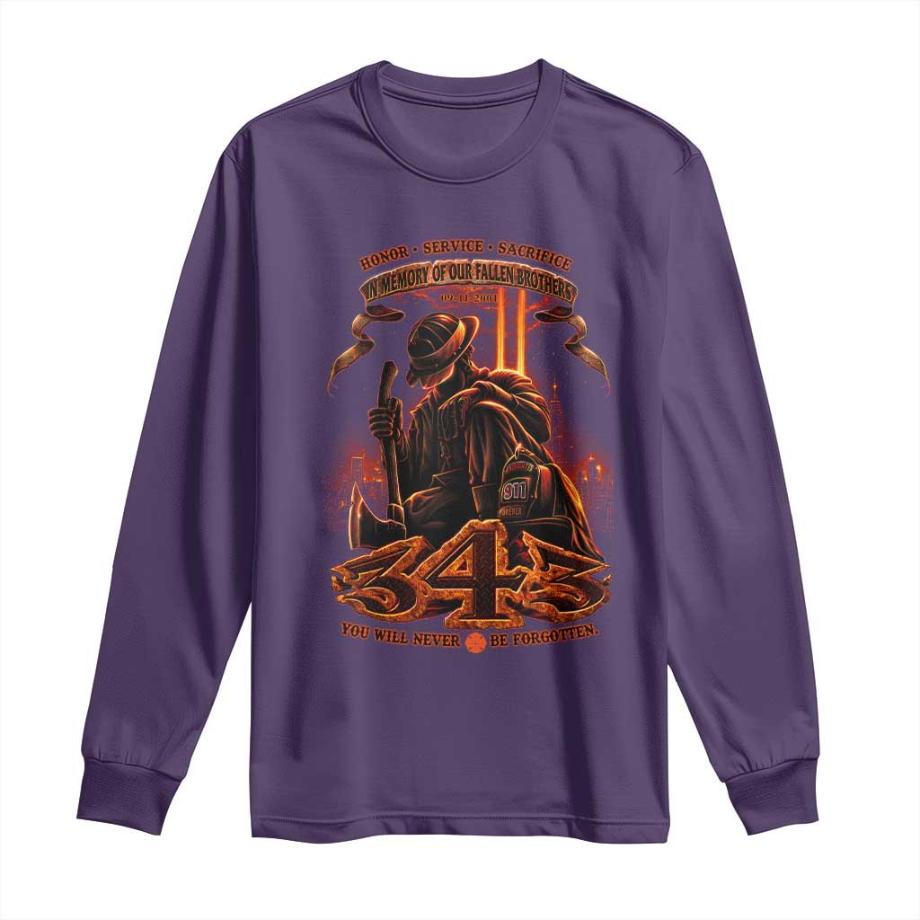 Firefighter Memorial Honor Service Sacrifice 343 Long Sleeve Shirt In Memory Of Fallen Brothers Patriotic 9 11 Tribute TS02 Purple Print Your Wear
