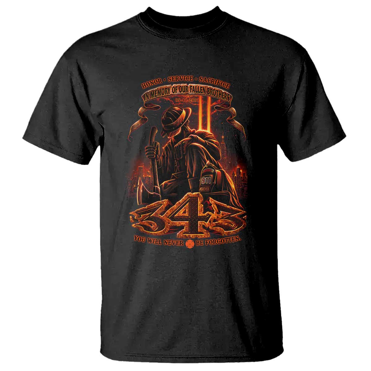 Firefighter Memorial Honor Service Sacrifice 343 T Shirt In Memory Of Fallen Brothers Patriotic 9 11 Tribute TS02 Black Print Your Wear