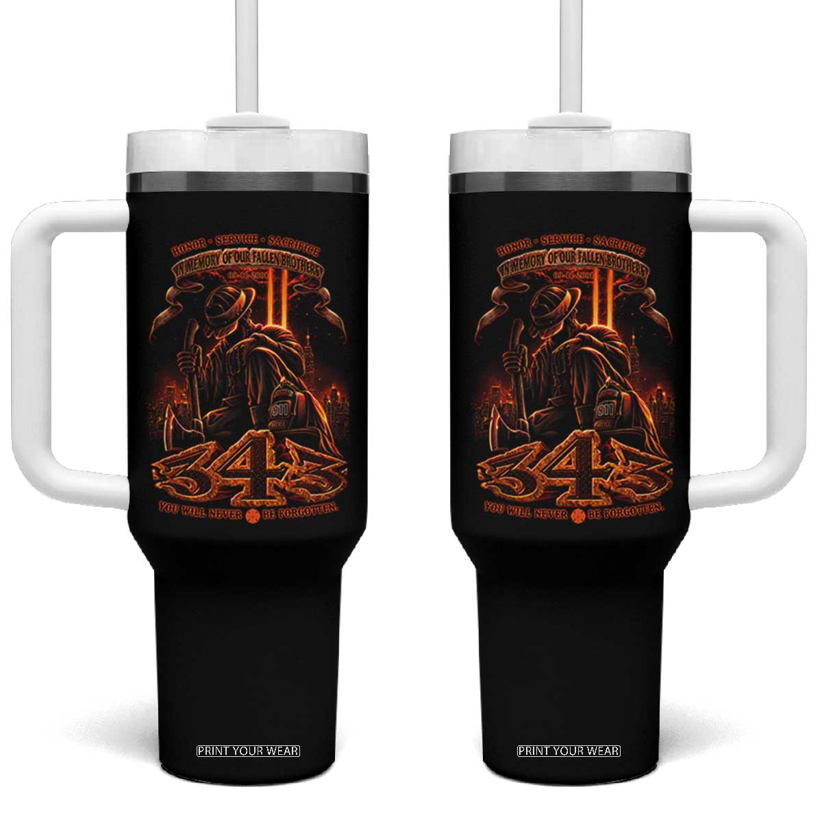 Firefighter Memorial Honor Service Sacrifice 343 Tumbler With Handle In Memory Of Fallen Brothers Patriotic 9 11 Tribute TS02 One Size: 40 oz Black Print Your Wear