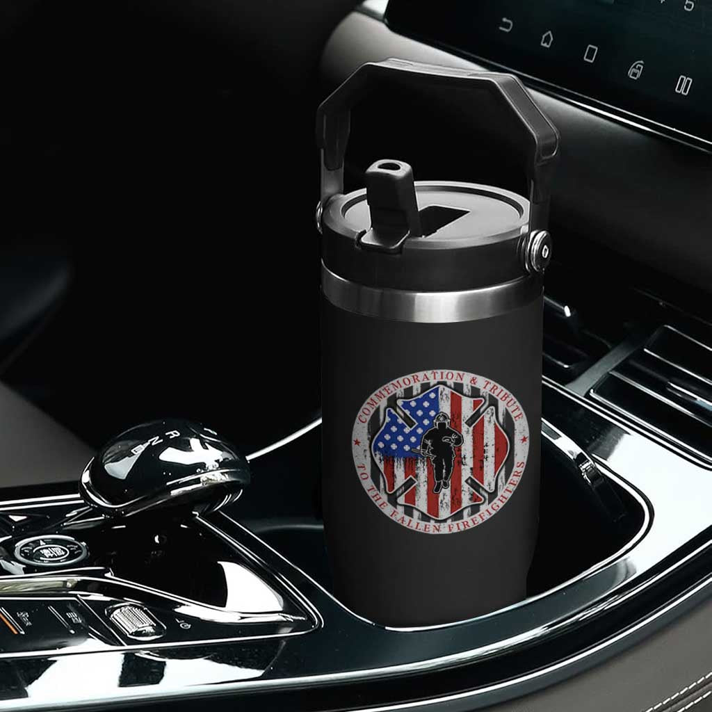 Commemoration Tribute Fallen Firefighters 9 11 Memorial Flip Straw Tumbler Maltese Cross Patriotic Honor Fallen Brothers