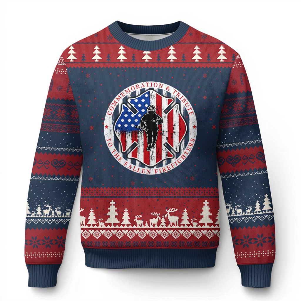 Commemoration Tribute Fallen Firefighters 9 11 Memorial Ugly Christmas Sweater Maltese Cross Patriotic Honor Fallen Brothers TS02 Navy Red Print Your Wear