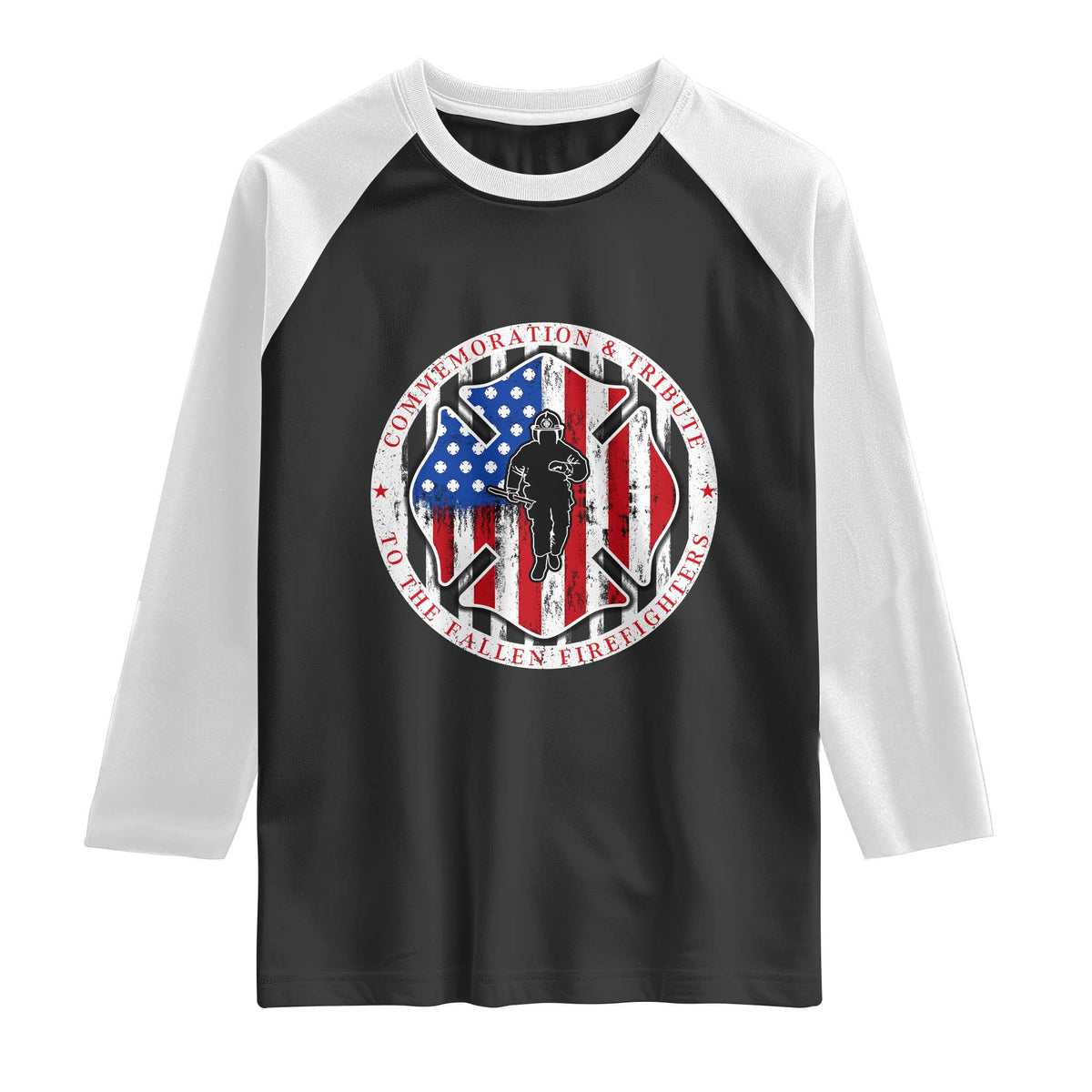 Commemoration Tribute Fallen Firefighters 9 11 Memorial Raglan Shirt Maltese Cross Patriotic Honor Fallen Brothers TS02 Black White Print Your Wear