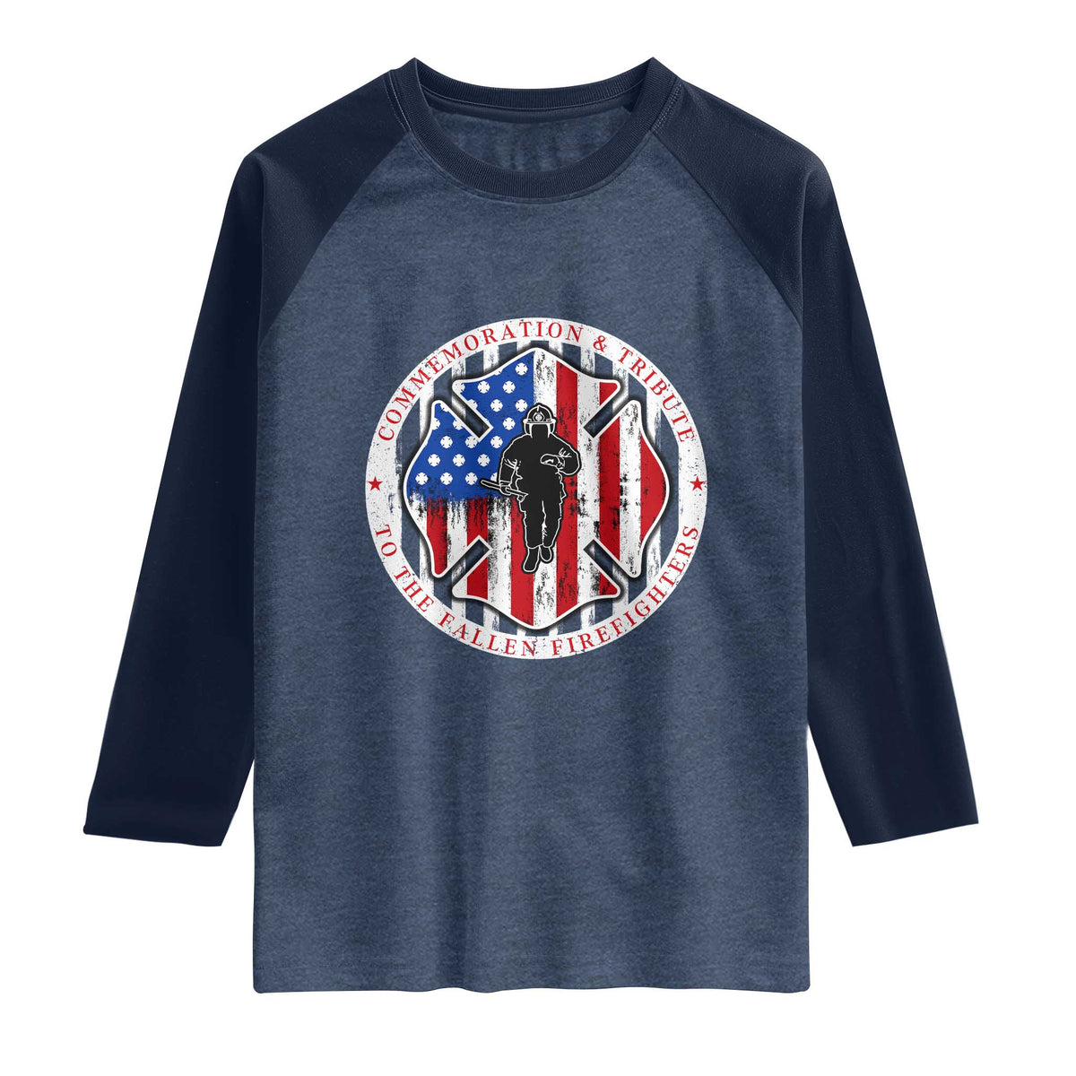 Commemoration Tribute Fallen Firefighters 9 11 Memorial Raglan Shirt Maltese Cross Patriotic Honor Fallen Brothers TS02 Heather Denim Navy Print Your Wear