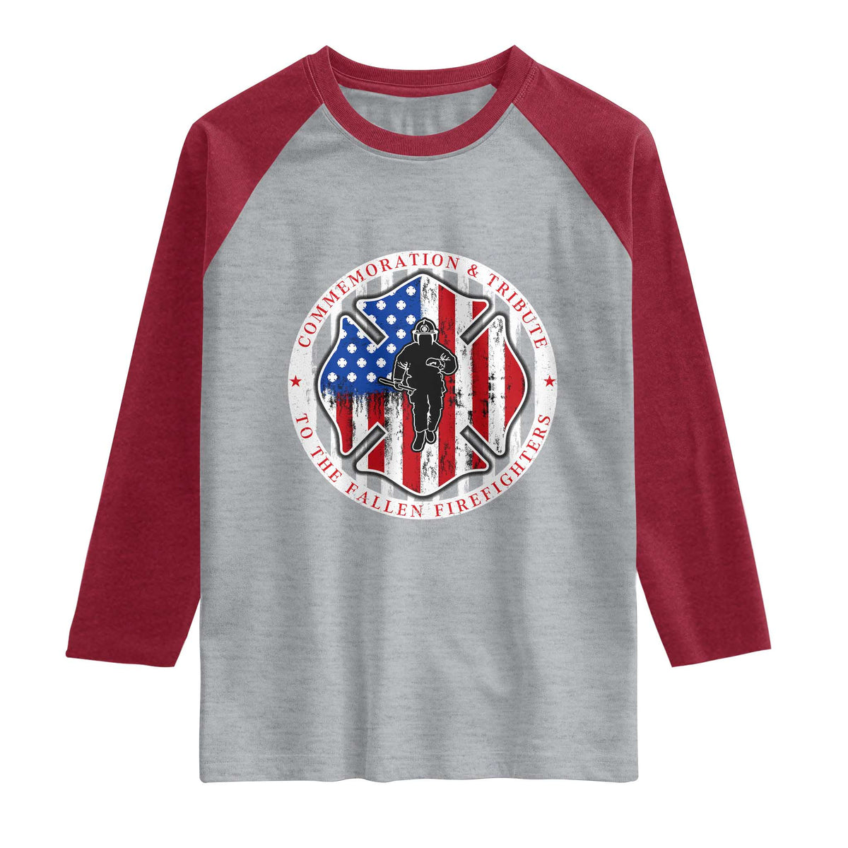 Commemoration Tribute Fallen Firefighters 9 11 Memorial Raglan Shirt Maltese Cross Patriotic Honor Fallen Brothers TS02 Heather Gray Heather Red Print Your Wear
