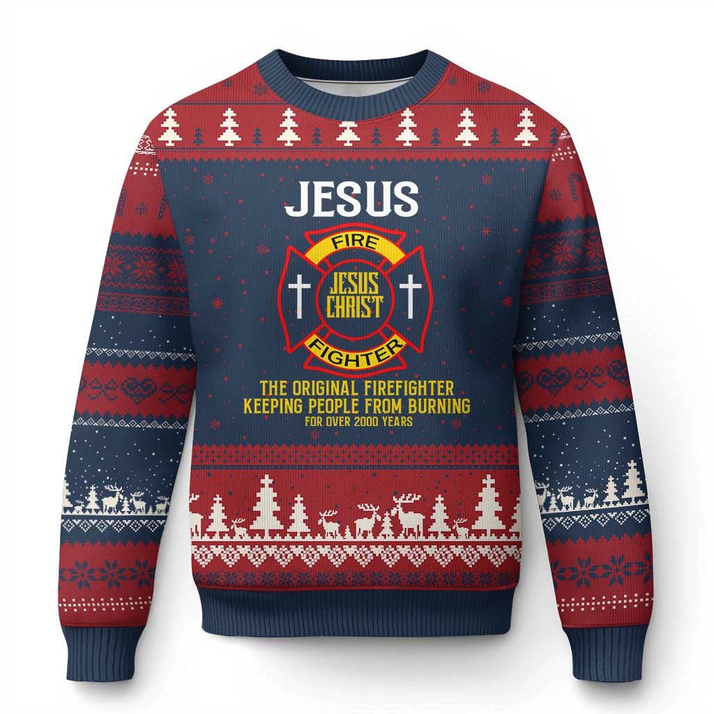 Jesus The Original Firefighter Christian Faith Ugly Christmas Sweater Keeping People From Burning First Responder TS02 Navy Red Print Your Wear