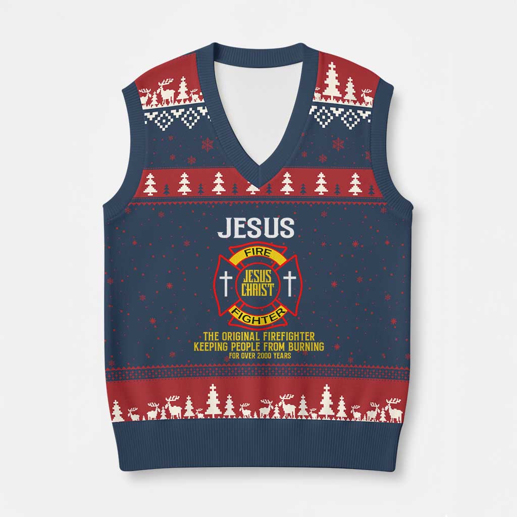 Jesus The Original Firefighter Christian Faith V-Neck Knit Sweater Vest Keeping People From Burning First Responder TS02 Navy Red Print Your Wear