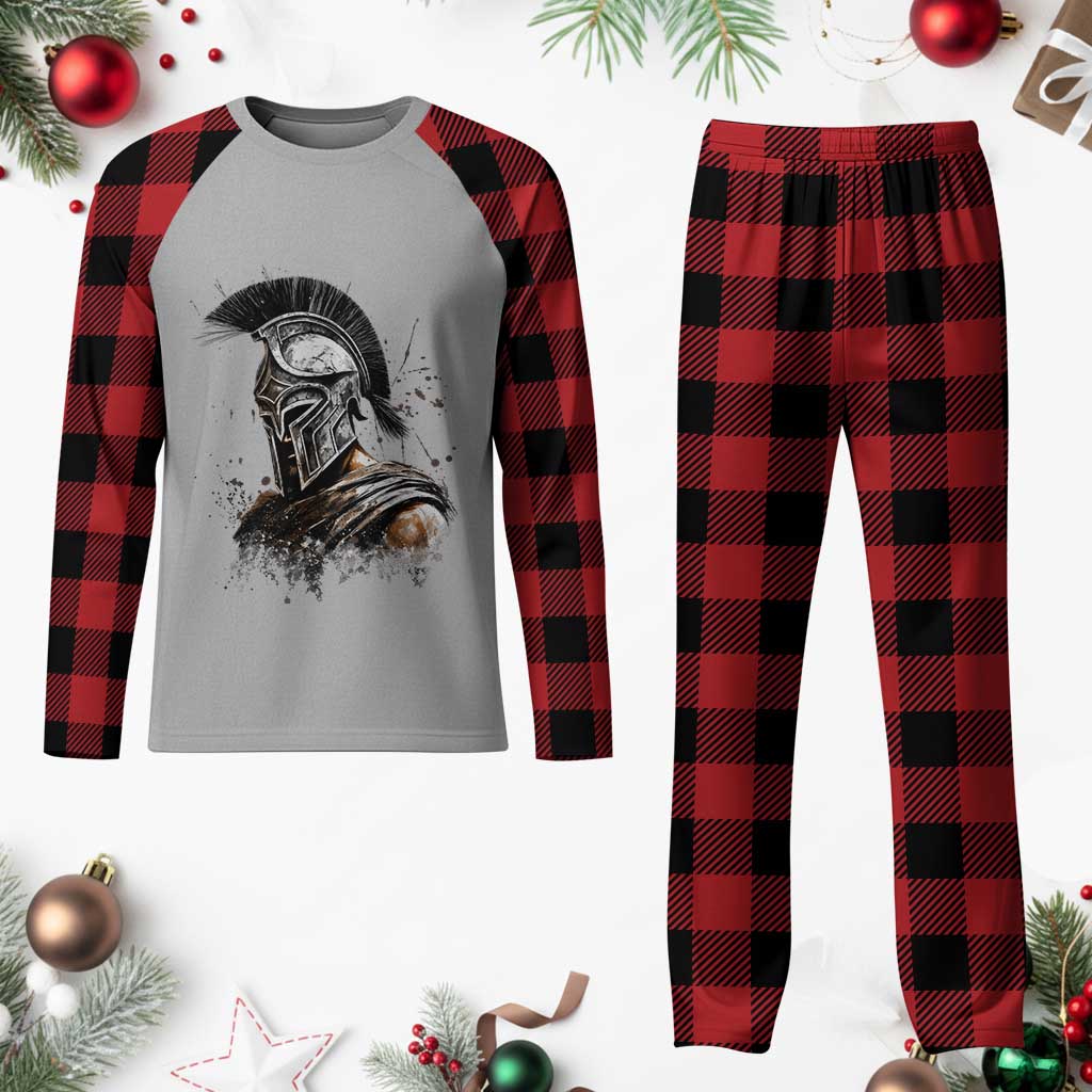 Ancient Spartan Warrior Watercolor Splatter Graphic Plaid Pajama Set Greek Mythology Enthusiast History Gift