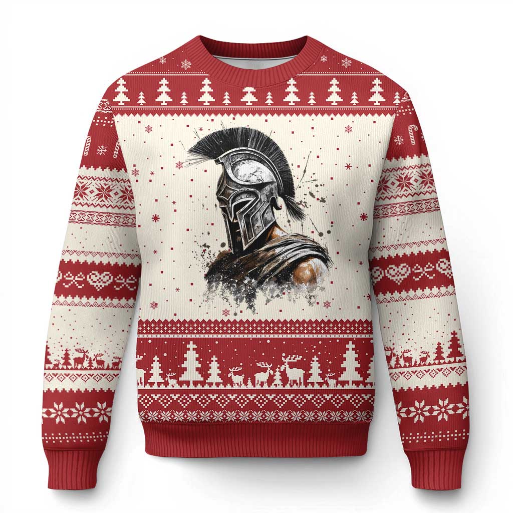 Ancient Spartan Warrior Watercolor Splatter Graphic Ugly Christmas Sweater Greek Mythology Enthusiast History Gift