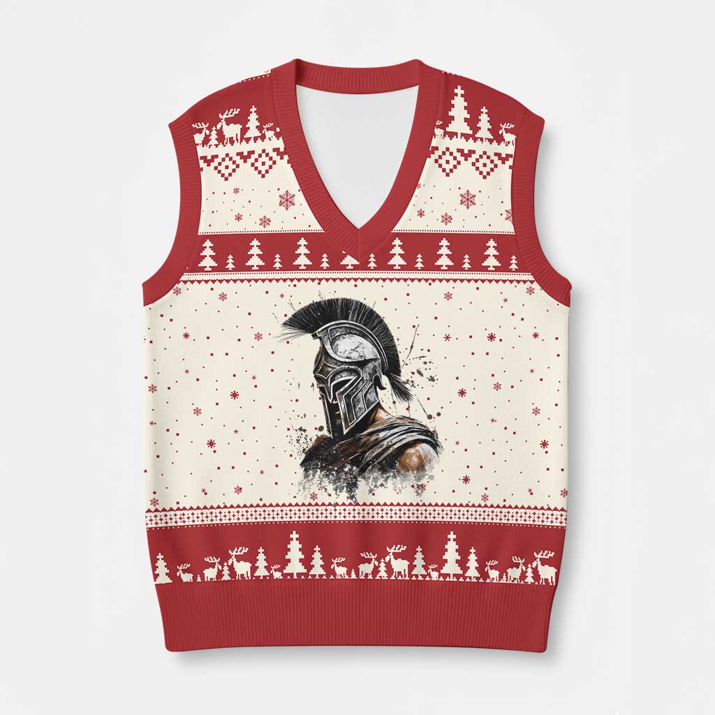 Ancient Spartan Warrior Watercolor Splatter Graphic V-Neck Knit Sweater Vest Greek Mythology Enthusiast History Gift