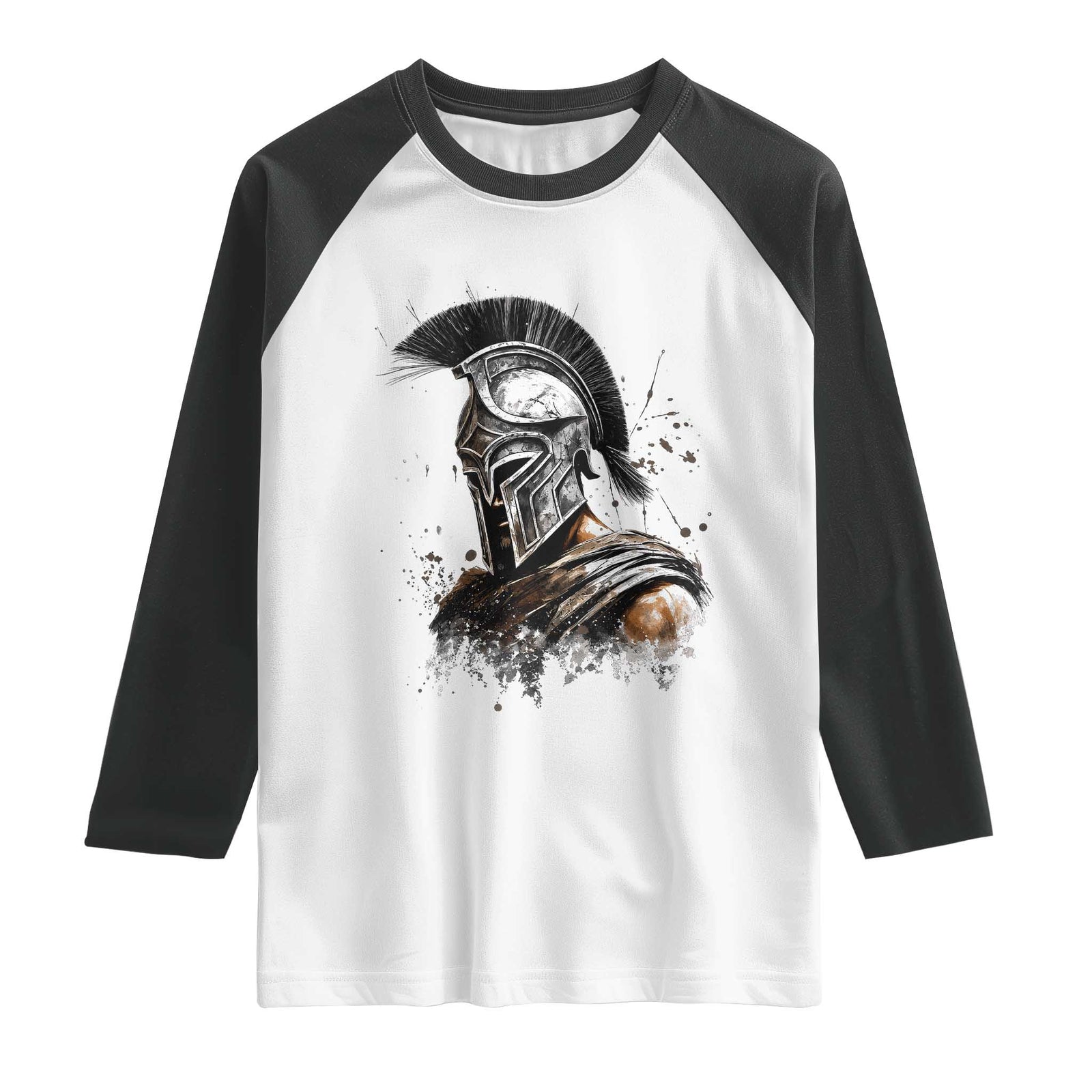 Ancient Spartan Warrior Watercolor Splatter Graphic Raglan Shirt Greek Mythology Enthusiast History Gift TS02 White Black Print Your Wear