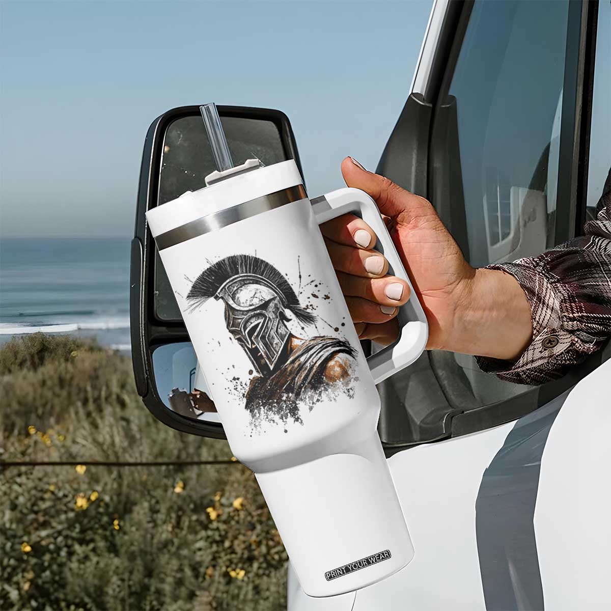 Ancient Spartan Warrior Watercolor Splatter Graphic Tumbler With Handle Greek Mythology Enthusiast History Gift