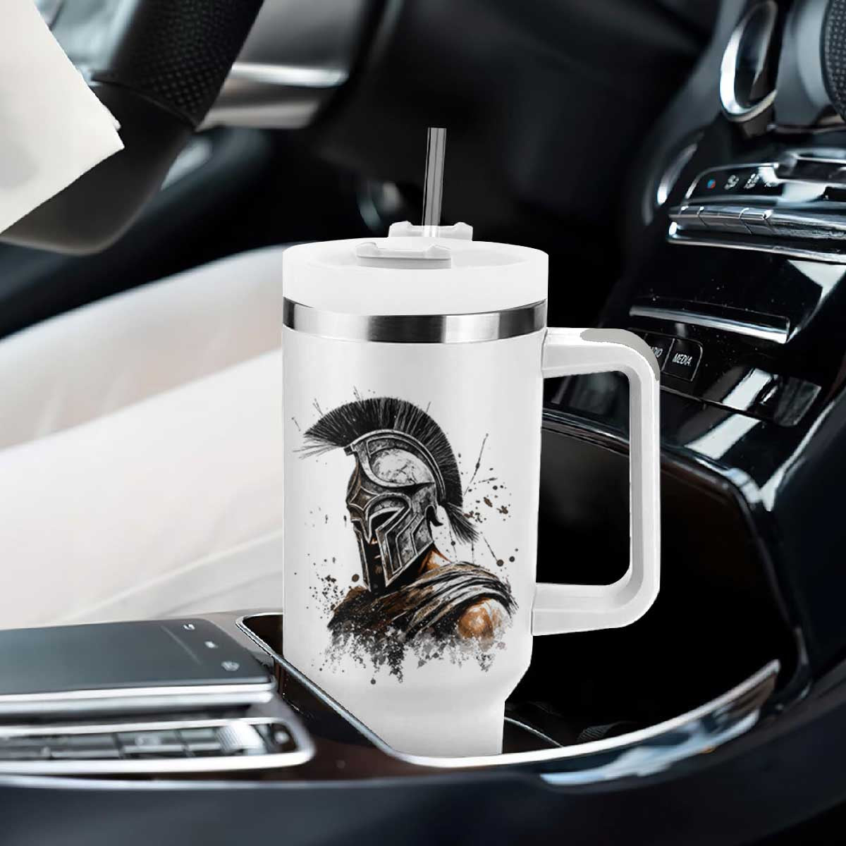 Ancient Spartan Warrior Watercolor Splatter Graphic Tumbler With Handle Greek Mythology Enthusiast History Gift