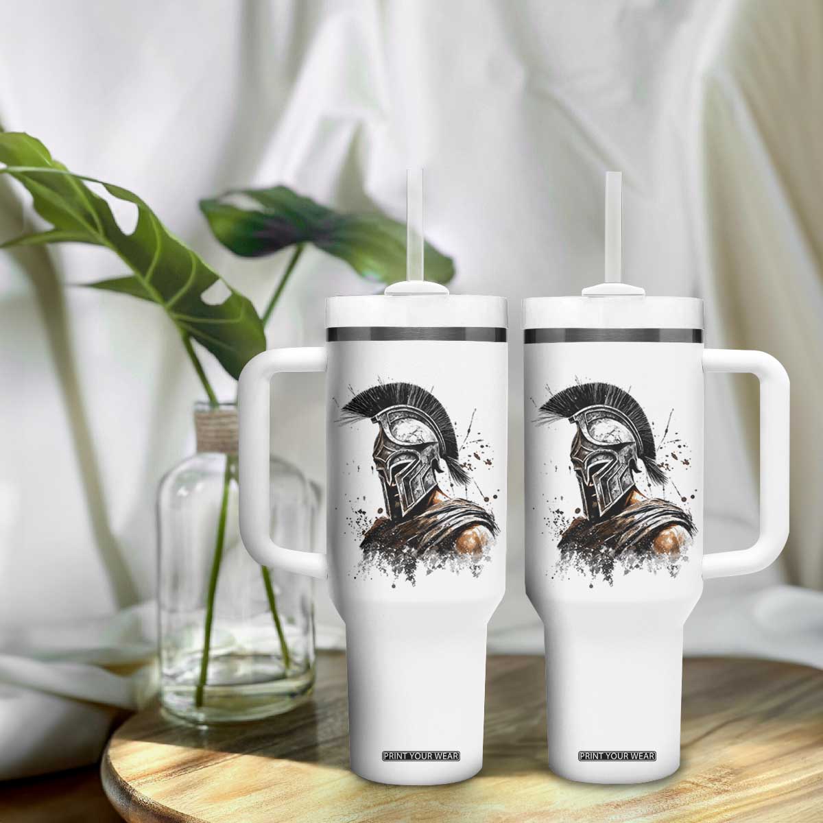 Ancient Spartan Warrior Watercolor Splatter Graphic Tumbler With Handle Greek Mythology Enthusiast History Gift