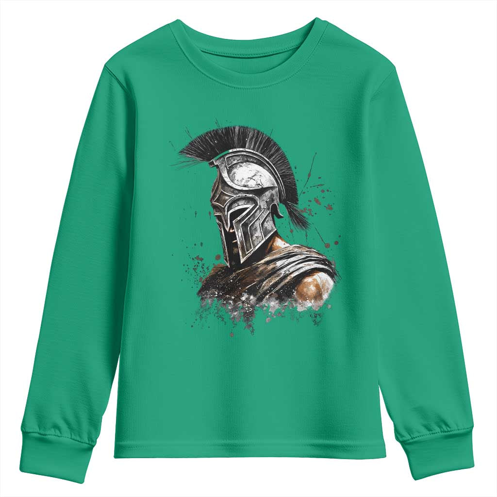 Ancient Spartan Warrior Watercolor Splatter Graphic Youth Sweatshirt Greek Mythology Enthusiast History Gift