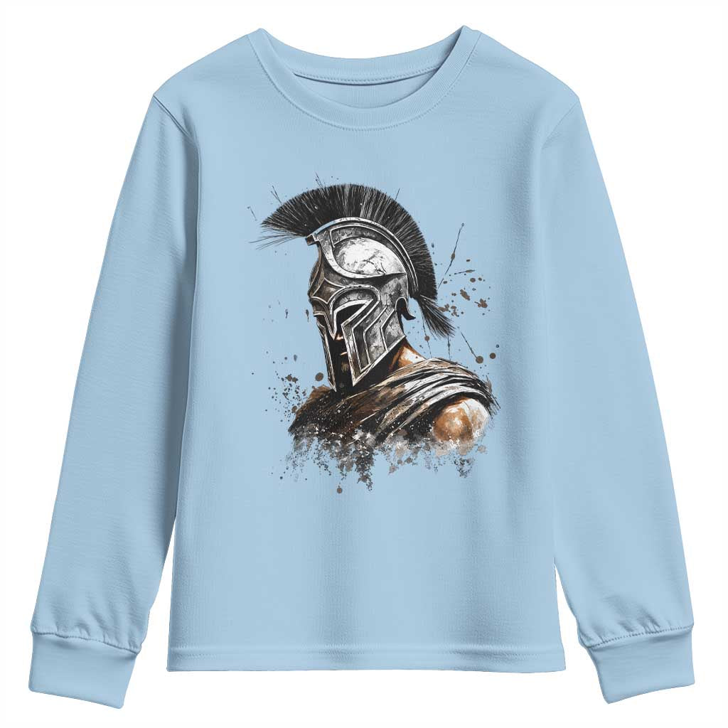 Ancient Spartan Warrior Watercolor Splatter Graphic Youth Sweatshirt Greek Mythology Enthusiast History Gift
