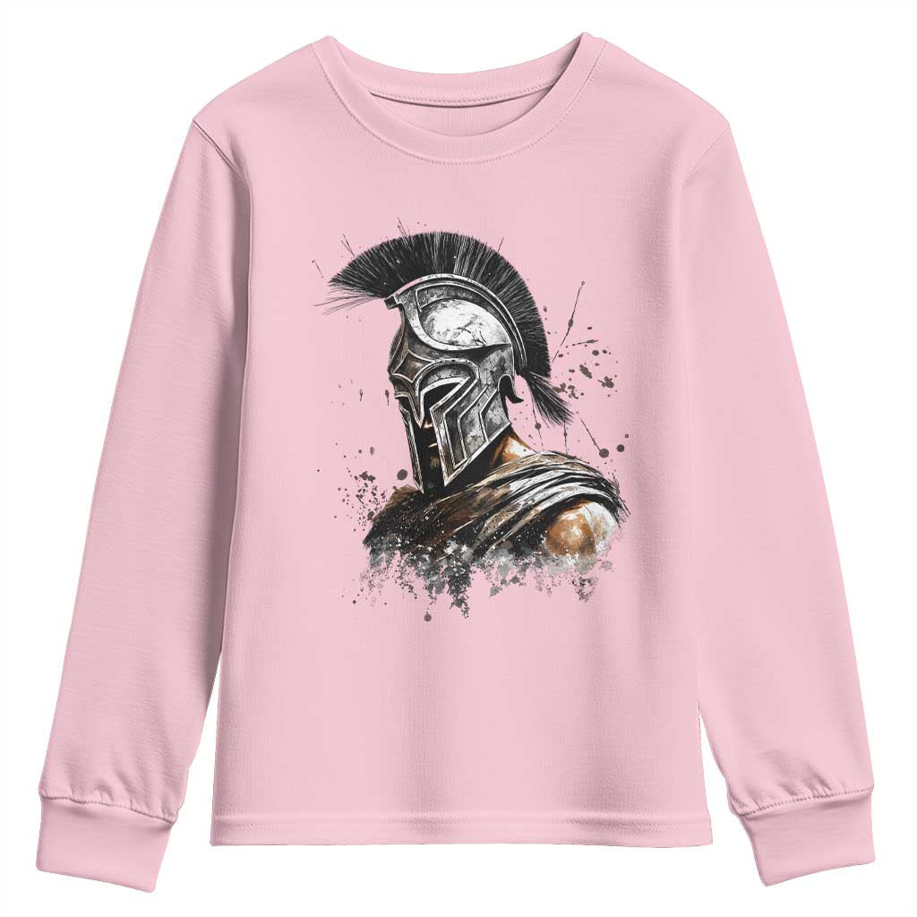 Ancient Spartan Warrior Watercolor Splatter Graphic Youth Sweatshirt Greek Mythology Enthusiast History Gift