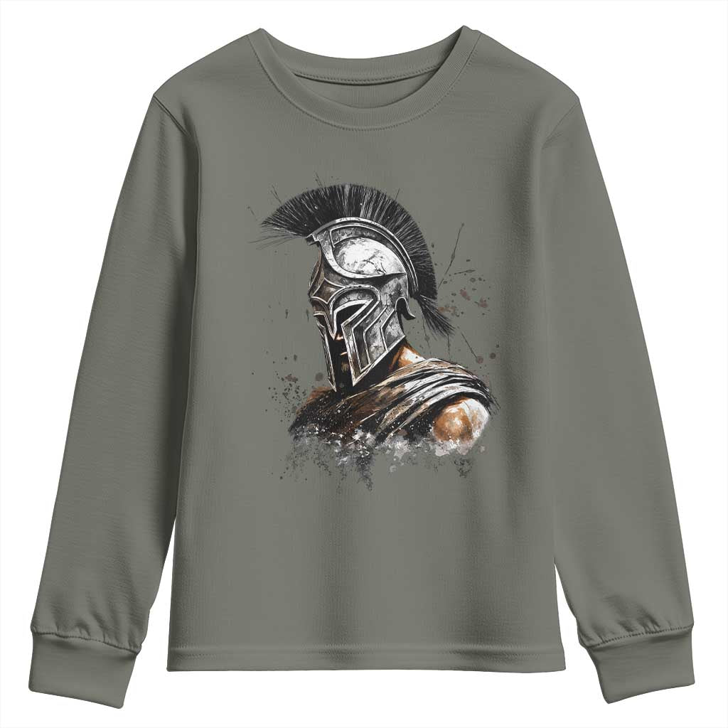 Ancient Spartan Warrior Watercolor Splatter Graphic Youth Sweatshirt Greek Mythology Enthusiast History Gift