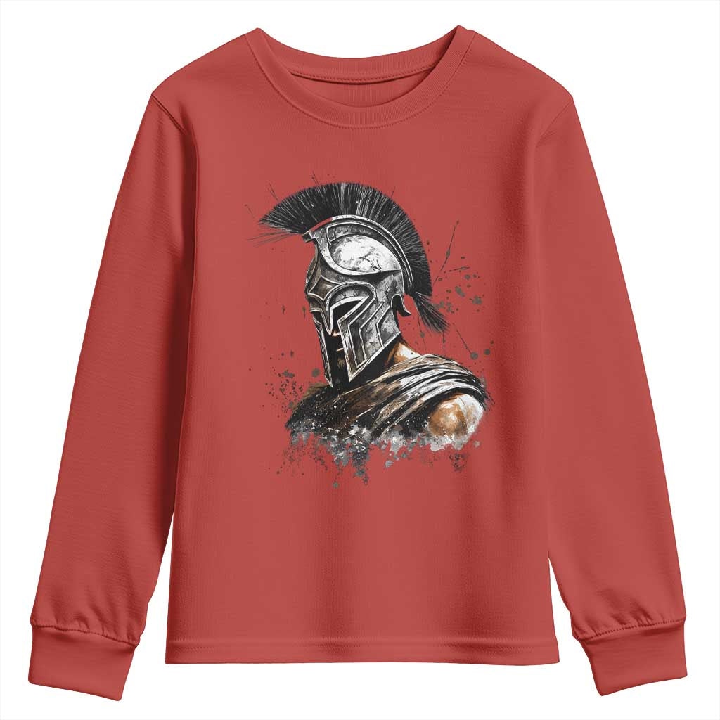 Ancient Spartan Warrior Watercolor Splatter Graphic Youth Sweatshirt Greek Mythology Enthusiast History Gift