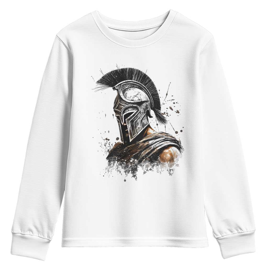 Ancient Spartan Warrior Watercolor Splatter Graphic Youth Sweatshirt Greek Mythology Enthusiast History Gift