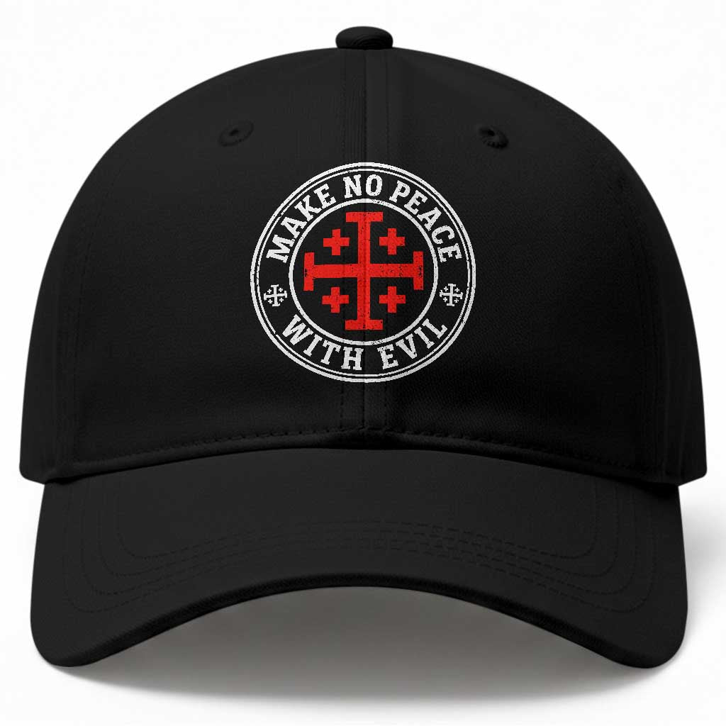 Make No Peace With Evil Jerusalem Cross Baseball Cap Christian Warrior Crusader Emblem Graphic