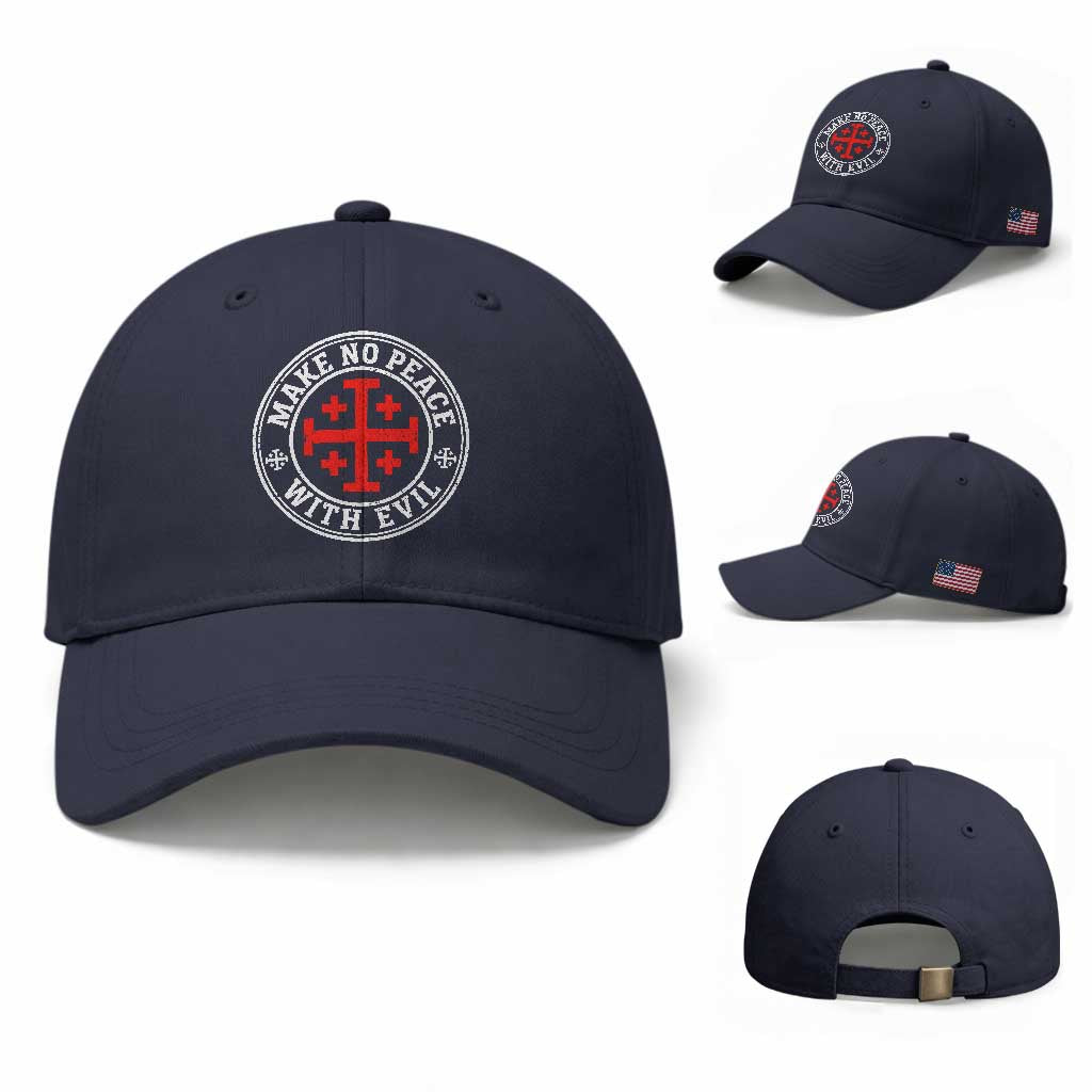 Make No Peace With Evil Jerusalem Cross Baseball Cap Christian Warrior Crusader Emblem Graphic
