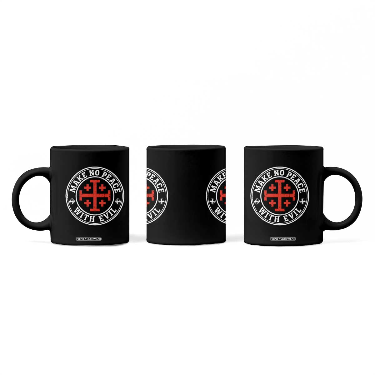 Make No Peace With Evil Jerusalem Cross Coffee Mug Christian Warrior Crusader Emblem Graphic