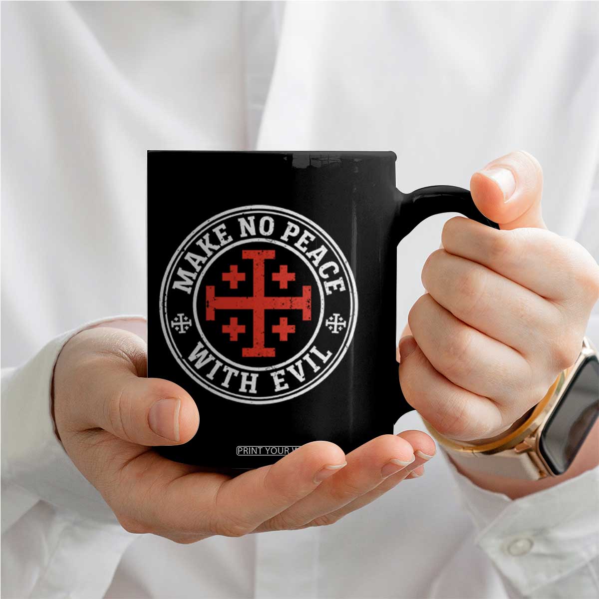 Make No Peace With Evil Jerusalem Cross Coffee Mug Christian Warrior Crusader Emblem Graphic