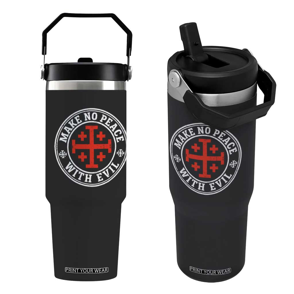 Make No Peace With Evil Jerusalem Cross Flip Straw Tumbler Christian Warrior Crusader Emblem Graphic