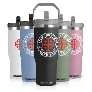 Make No Peace With Evil Jerusalem Cross Flip Straw Tumbler Christian Warrior Crusader Emblem Graphic