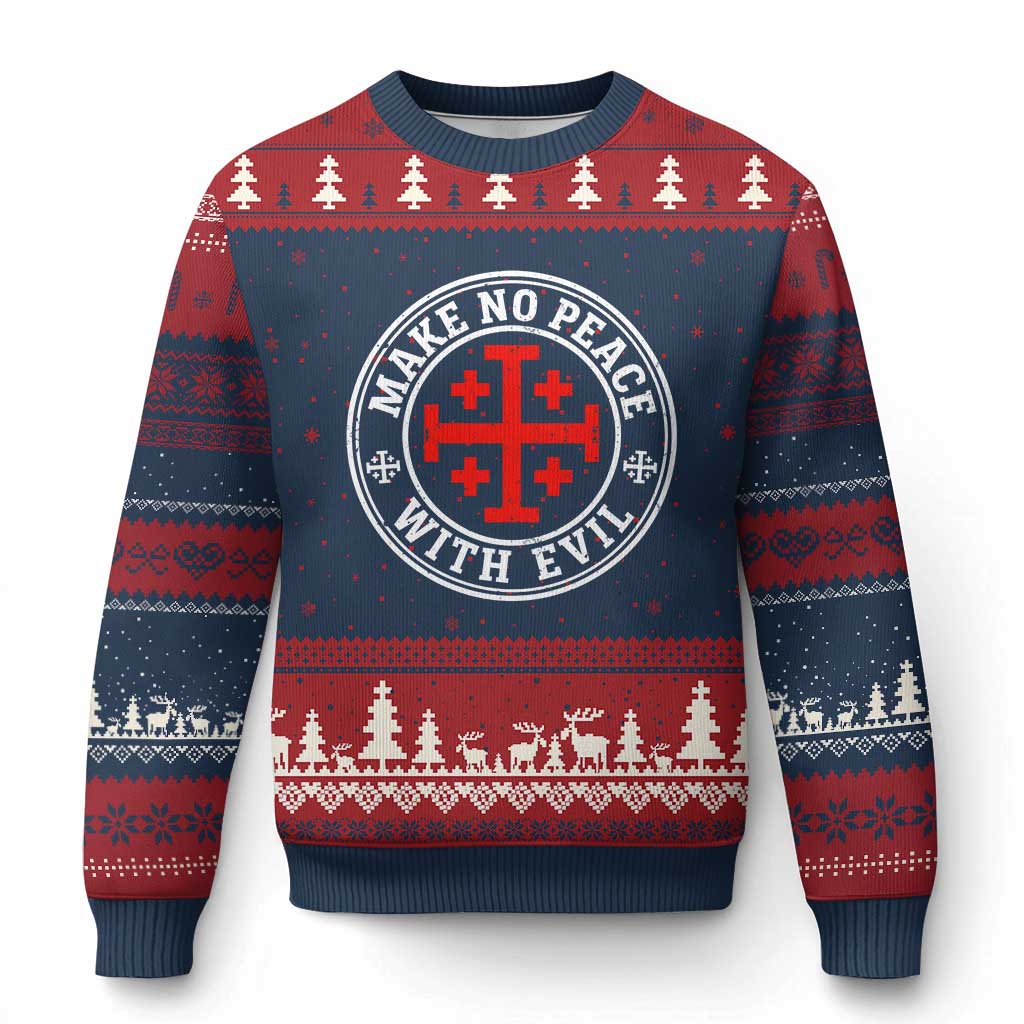 Make No Peace With Evil Jerusalem Cross Ugly Christmas Sweater Christian Warrior Crusader Emblem Graphic