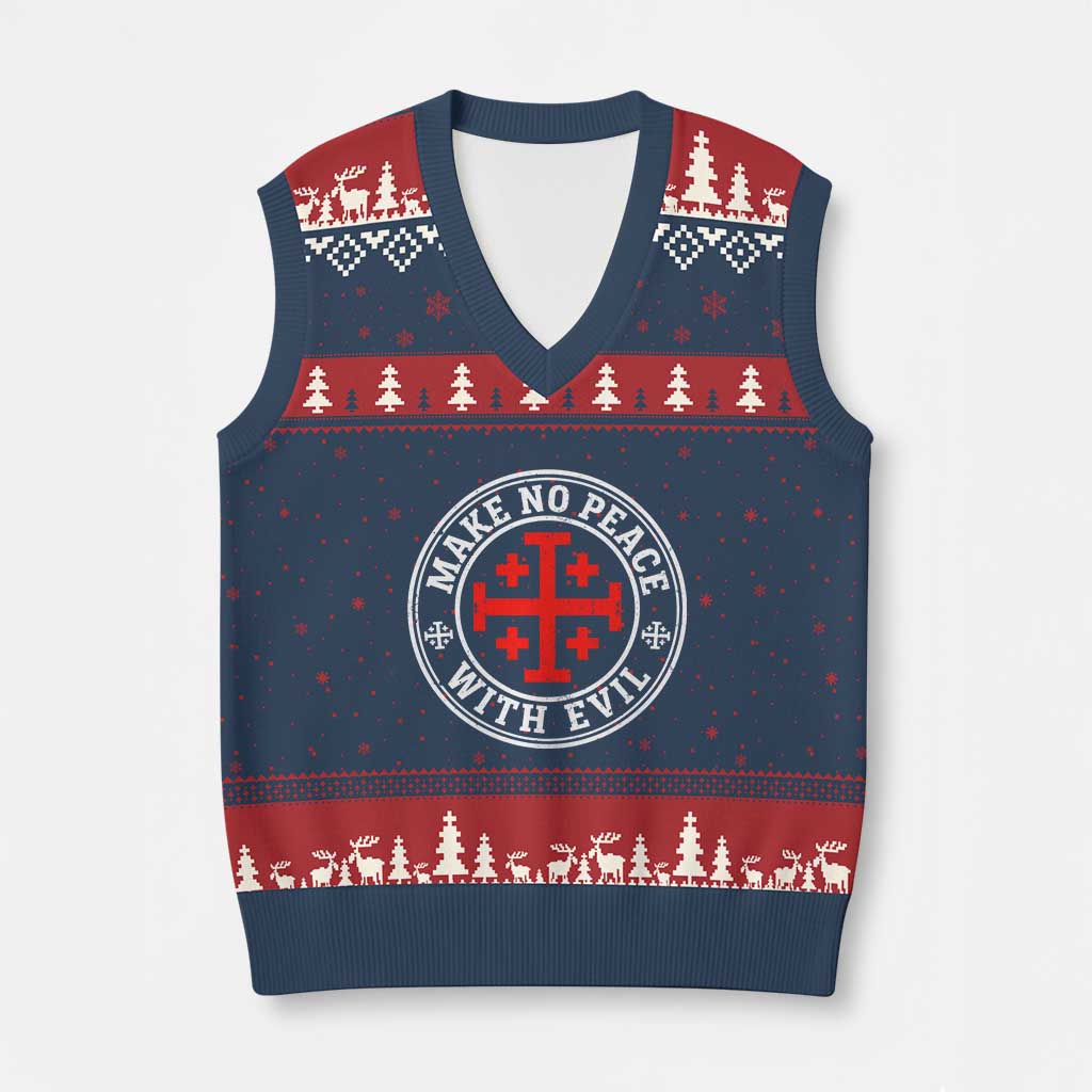 Make No Peace With Evil Jerusalem Cross V-Neck Knit Sweater Vest Christian Warrior Crusader Emblem Graphic