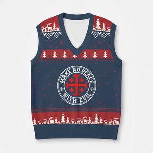 Make No Peace With Evil Jerusalem Cross V-Neck Knit Sweater Vest Christian Warrior Crusader Emblem Graphic
