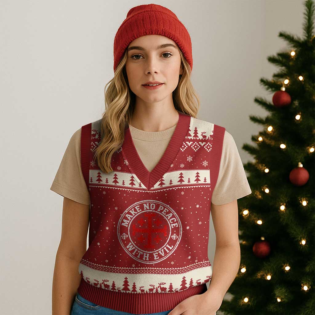 Make No Peace With Evil Jerusalem Cross V-Neck Knit Sweater Vest Christian Warrior Crusader Emblem Graphic