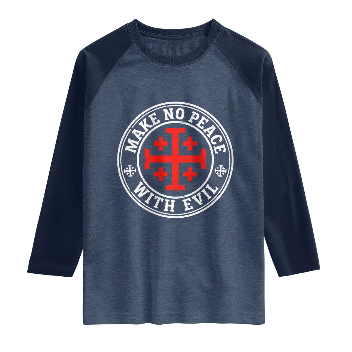 Make No Peace With Evil Jerusalem Cross Raglan Shirt Christian Warrior Crusader Emblem Graphic