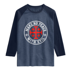 Make No Peace With Evil Jerusalem Cross Raglan Shirt Christian Warrior Crusader Emblem Graphic