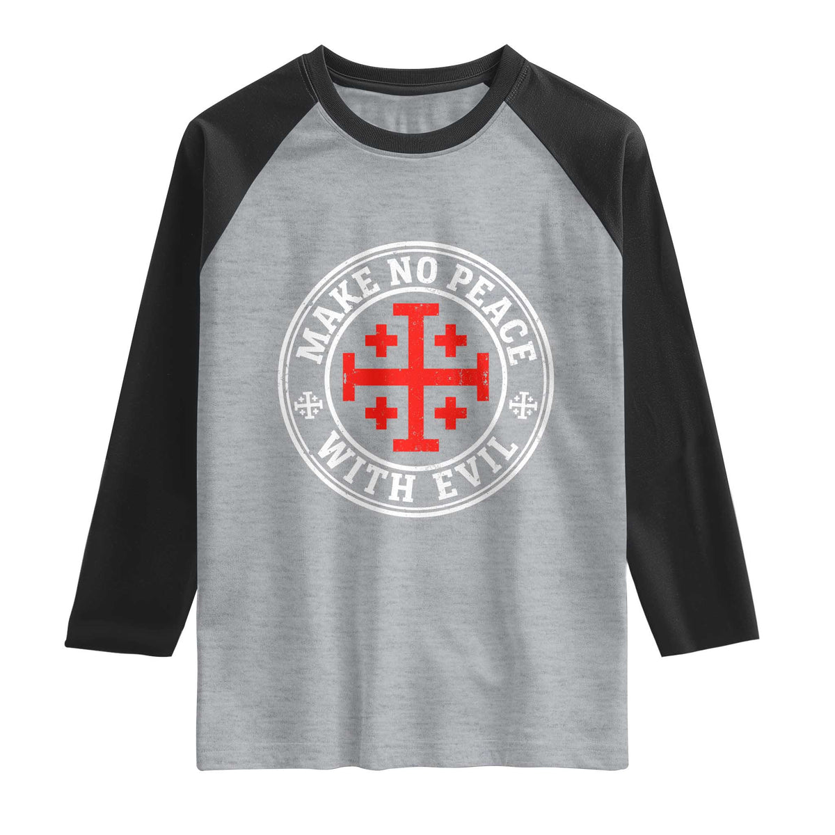 Make No Peace With Evil Jerusalem Cross Raglan Shirt Christian Warrior Crusader Emblem Graphic