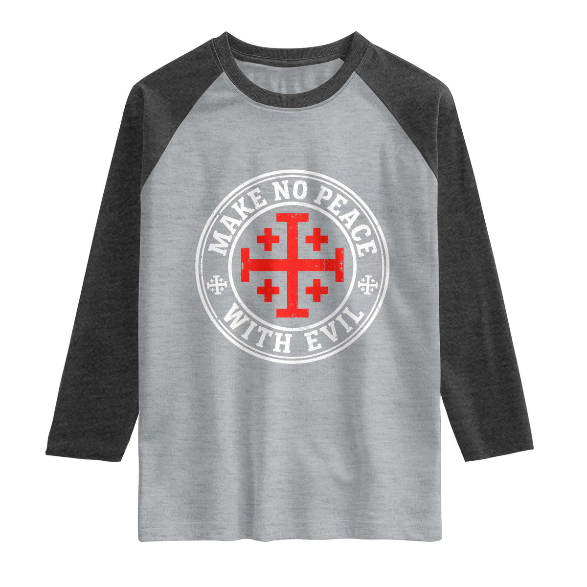 Make No Peace With Evil Jerusalem Cross Raglan Shirt Christian Warrior Crusader Emblem Graphic